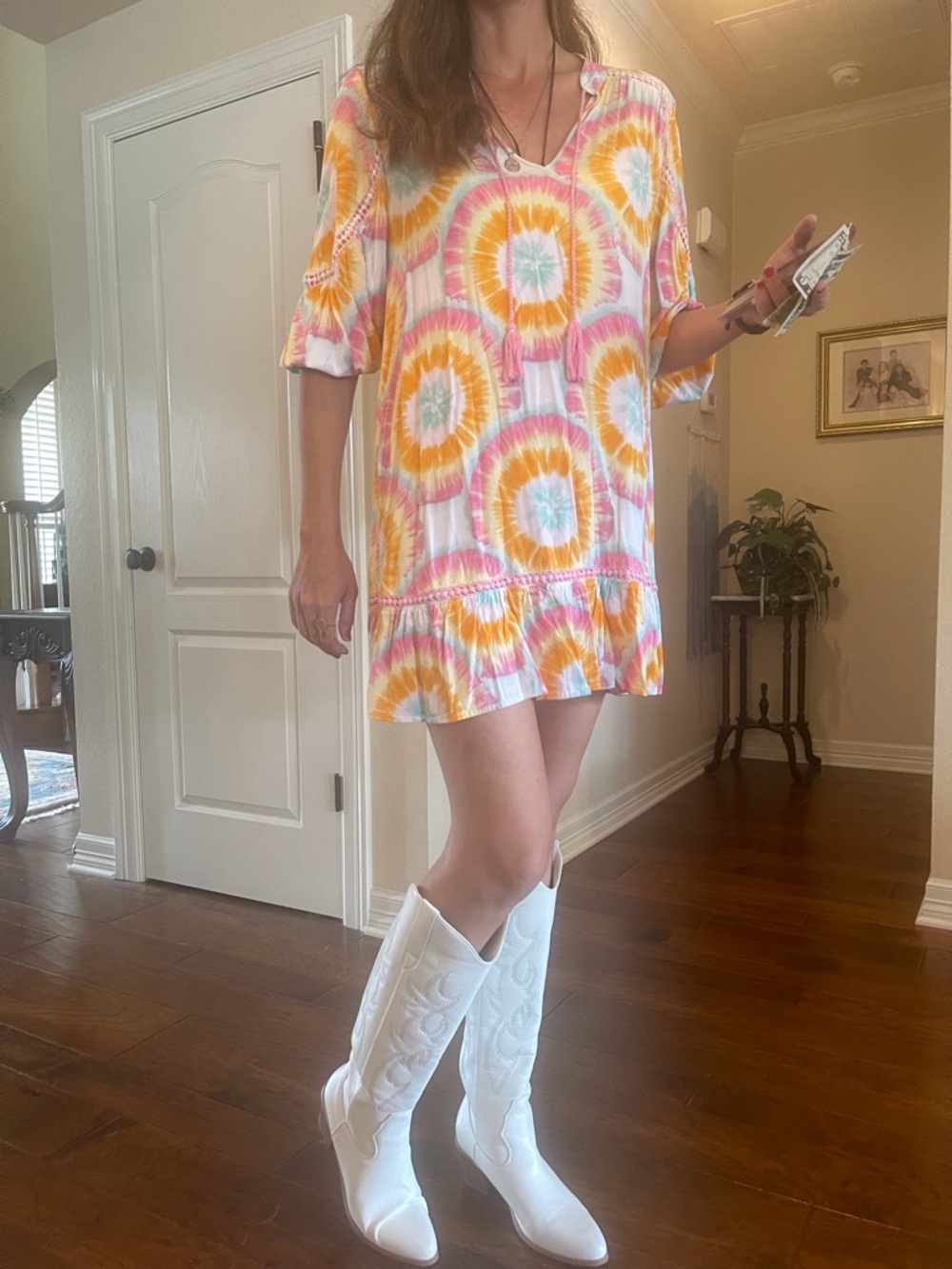 Dress, Boho, tie dye, Ruffle, Crochet inserts & Lace &, size medium